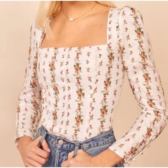 REFORMATION Fillmore White Floral Poppyseed Square Neck Top - Picture 1 of 9